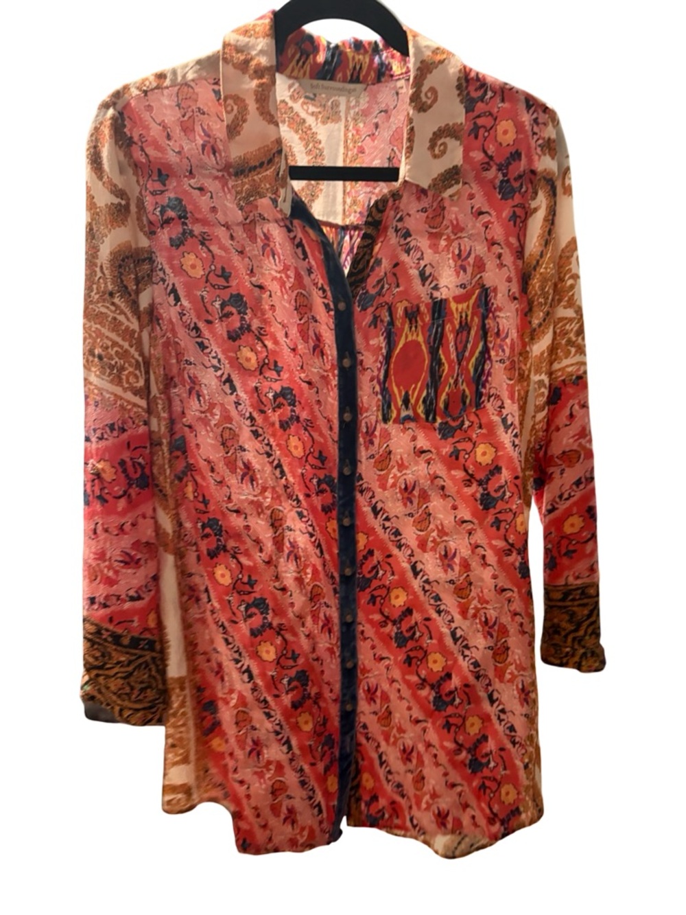 Soft Surroundings IKAT Paisley Patchwork Button Front Tunic Shirt